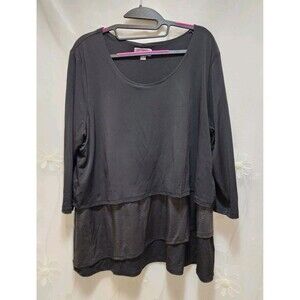 JM Collection Womens XL Black Layered Blouse Tiered Animal Print 3/4 Sleeve Work
